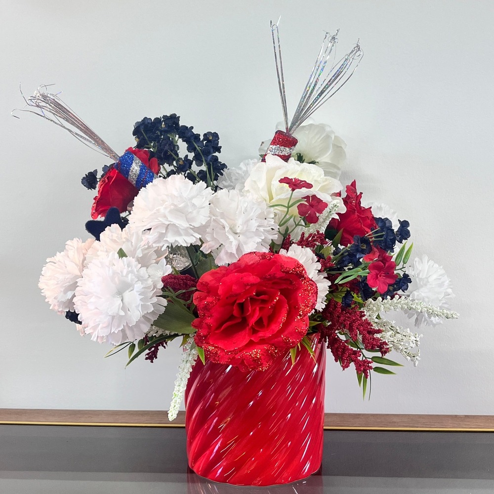 Patriotic Red White Blue Floral Arrangement 4th of July Centerpiece Red Vase 17"